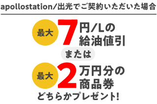 出光でご契約いただき、出光カードで給油いただく場合 最大7円/L値引 または 最大2万円分の商品券プレゼント！